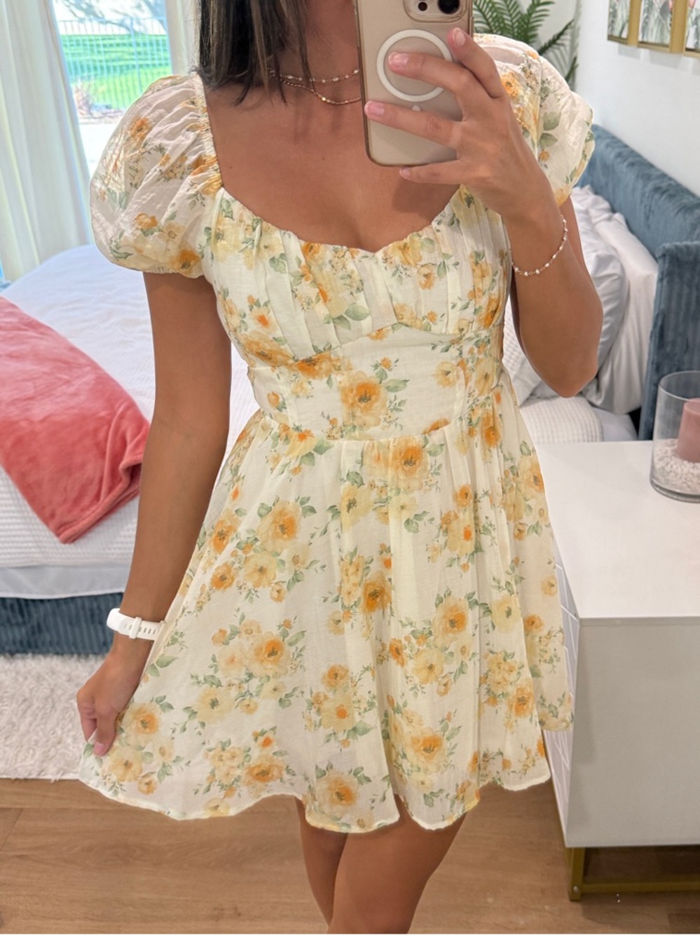 Altar'd State Cream Yellow Floral Puff-Sleeve Mini Dress